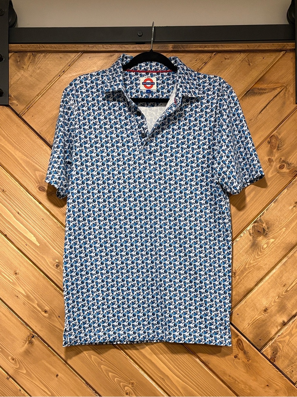 Men's Blue Geometric Short-Sleeve Polo Jermyn & Bond Small Golf